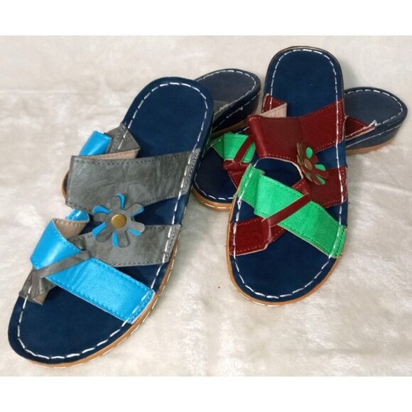 Two Pairs Multicolor Leather Sandals With Flower Detail - Women's Summer Slip- - Picture 2 of 12